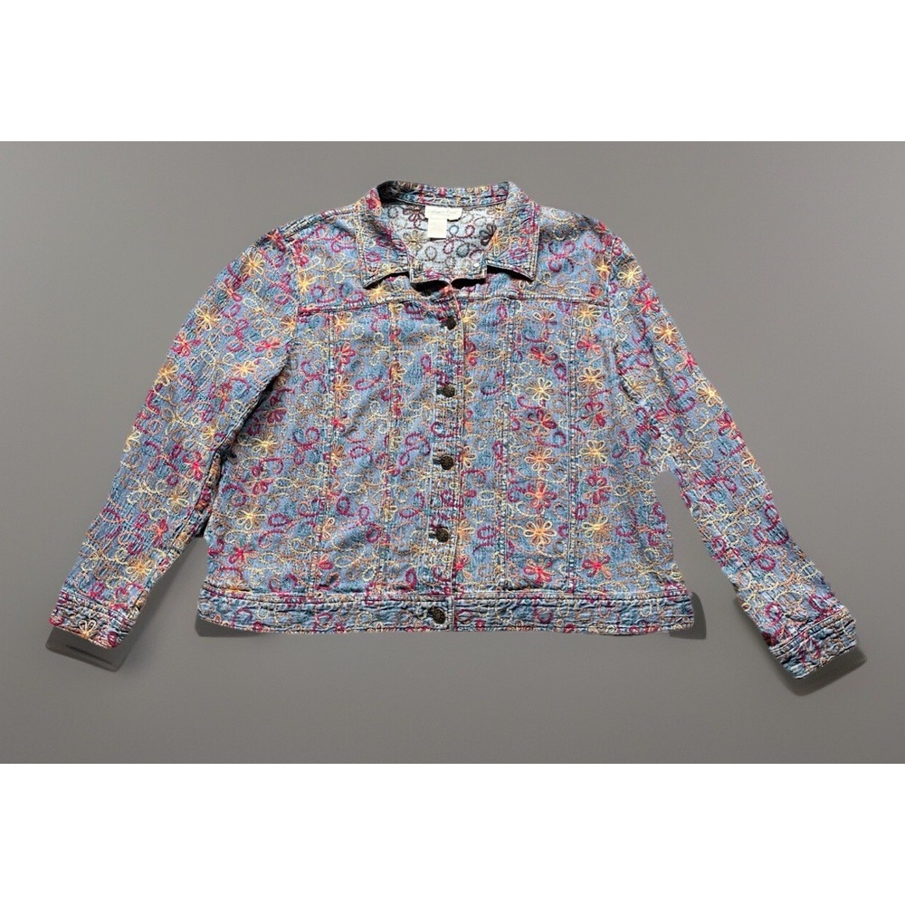 Coldwater Creek Denim Jean Jacket Large Floral Colorful‎ Embroidered Boho Chic